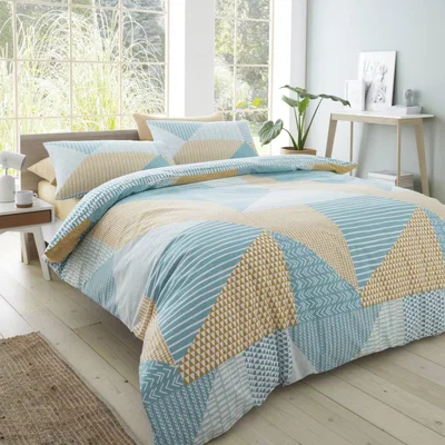 Dunelm Catherine Lansfield Larsson Geo Ochre and Teal Duvet Cover and Pillowcase Set MultiColoured