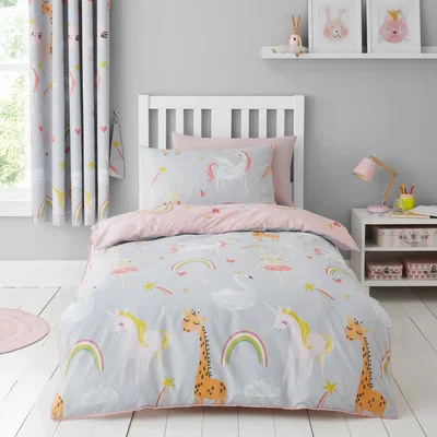 Dunelm Party Animals Grey Duvet Cover and Pillowcase Set Grey, Pink and Yellow