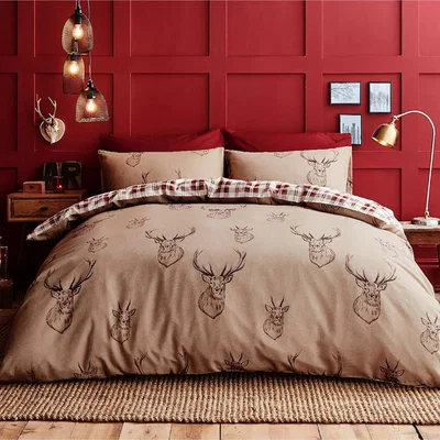 Dunelm Catherine Lansfield Stag Natural Duvet Cover and Pillowcase Set Natural/Red