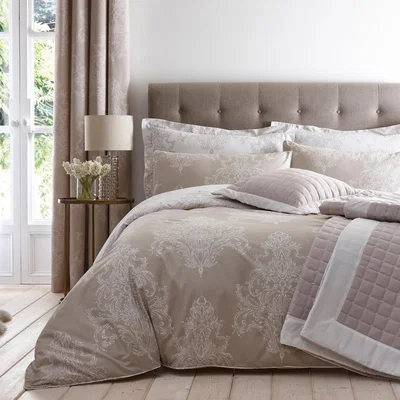 Dunelm Versailles Natural Reversible Duvet Cover and Pillowcase Set Brown and White