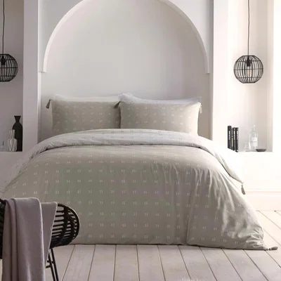 Dunelm Appletree Linen Tick 100% Cotton Duvet Cover and Pillowcase Set Linen (Natural)