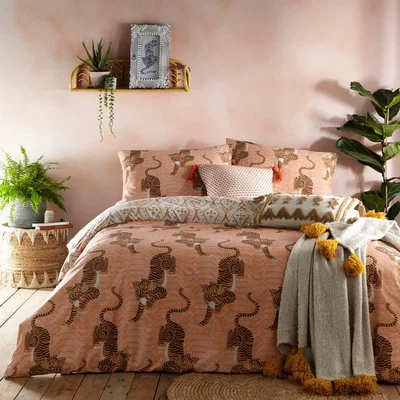 Dunelm Furn. Tibetan Tiger Coral Reversible Duvet Cover and Pillowcase Set Coral/Black/White