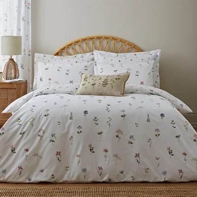Dunelm Pressed Floral White Duvet Cover and Pillowcase Set White
