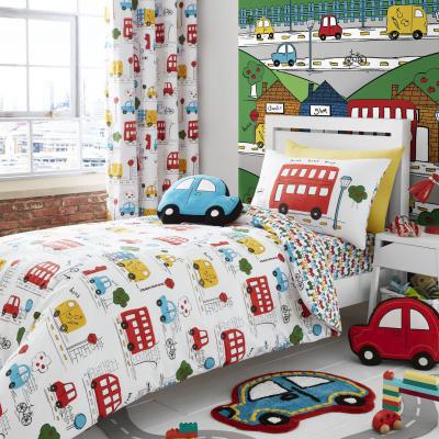 Dunelm Catherine Lansfield Transport Bright Duvet Cover and Pillowcase Set White/Red/Blue/Yellow
