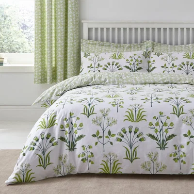 Dunelm Florentina Green 100% Cotton Reversible Duvet Cover and Pillowcase Set Green and White
