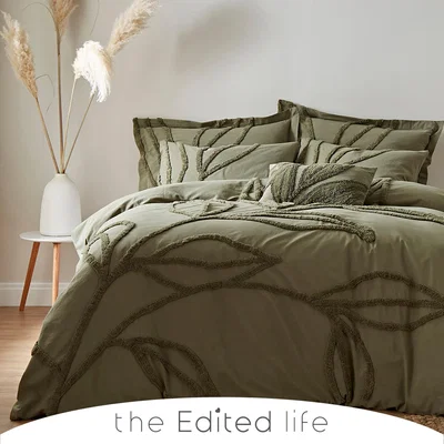 Dunelm Tufted Leaf Olive 100% Organic Cotton Duvet Cover and Pillowcase Set Olive (Green)