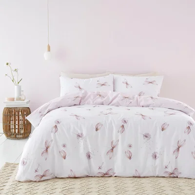 Dunelm Dragonflies Pink 100% Cotton Duvet Cover and Pillowcase Set Pink