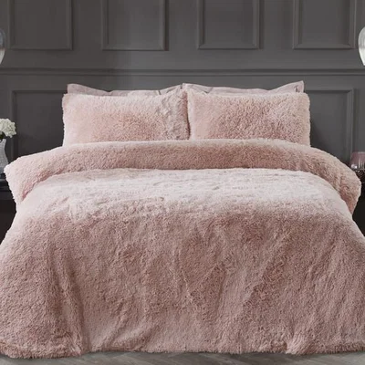 The Range Shaggy Faux Fur Duvet Cover and Pillowcase Set - Blush