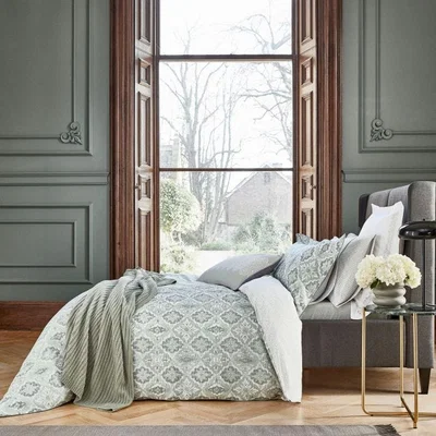 The Rug Seller Navah Floral Geometric Cotton Bedding in Sage Green