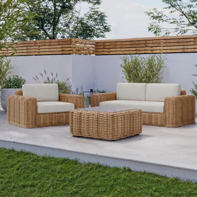 Furniture123 3 Seater Chunky Rattan Garden Beige Sofa & Armchair Set with Matching Coffee Table