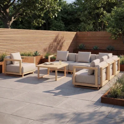 Furniture123 6 Seater Beige Aluminium Wood Effect Garden Sofa with Matching Coffee Table