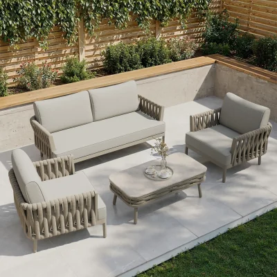 Furniture123 4 Seater Beige Taupe Rope Sofa and Armchair Set with Coffee Table