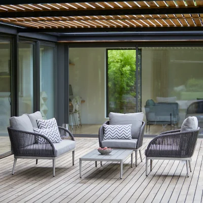 Gardenesque Repton Sofa Garden Furniture Set | 2 Seater Sofa, Table and 2 Wooden Chairs | Twisted Rattan Back And Armrests | Whitewashed Wood Effect Finish