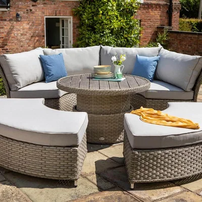 IO Living Hartman Heritage Grand Round Casual Dining Set With Tree-Free Table & Daybed- Beech/Dove