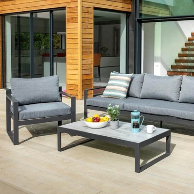 IO Living Hartman Vienna 3 Seat Lounge Sofa Set With Integrated Lounger and Tuscan Coffee Table – Grey/Slate