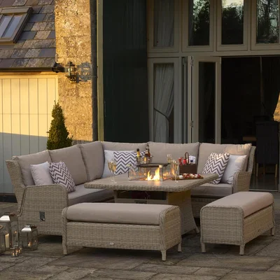 IO Living 2021 Bramblecrest Chedworth Reclining Garden Sofa Set with Square Fire Pit Dining Table - Sandstone