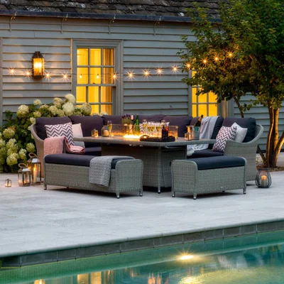 IO Living 2021 Bramblecrest Monterey Garden Sofa Set with Rectangle Fire Pit Dining Table &amp; 2 Benches - Dove Grey