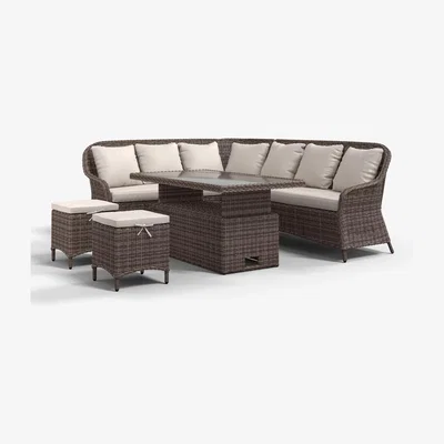 John Lewis John Lewis Rye 7-Seater Corner Garden Sofa with Dining / Lounging Table & 2 Footstools Set, Natural