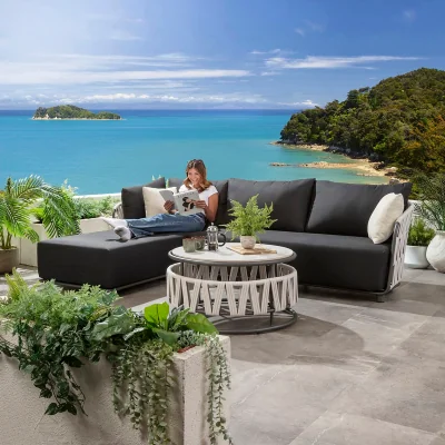 Quatropi Modern Left-Hand Garden Chaise Sofa Outdoor Aluminium Light Grey Rope 260cm