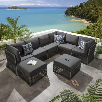 Quatropi Luxury Garden L-Shape Corner Sofa 6 Seat Outdoor Patio Grey Rope Weave