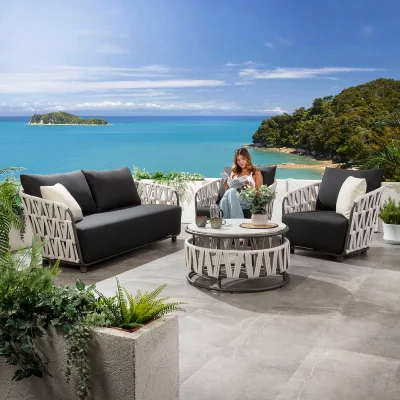 Quatropi Modern 5 Seater Garden Sofa & Armchairs Set with Coffee Table Light Grey Rope
