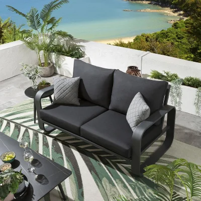 Quatropi Modern 2 Seat Outdoor Garden Sofa Aluminium Charcoal Grey Fabric 160cm