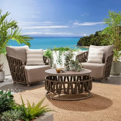 Quatropi Modern 2 Seater Garden Armchair Set with Coffee Table Brown Rope
