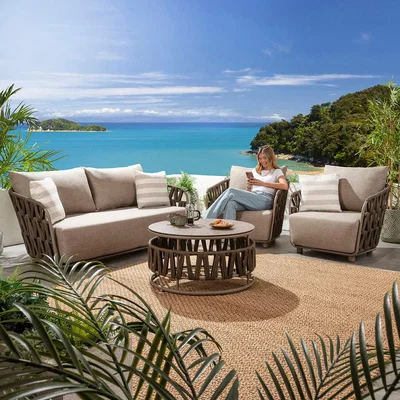 Quatropi Modern 5 Seater Garden Sofa & Armchairs Set with Coffee Table Brown Rope