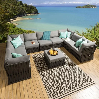 Quatropi Theo Patio Garden Sofa Set U Shape 10 Pc Black - Grey With Footstool Theo