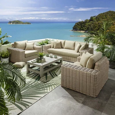 Quatropi Bora Outdoor Garden Rattan Wicker Sofa & Coffee Table Set Beige