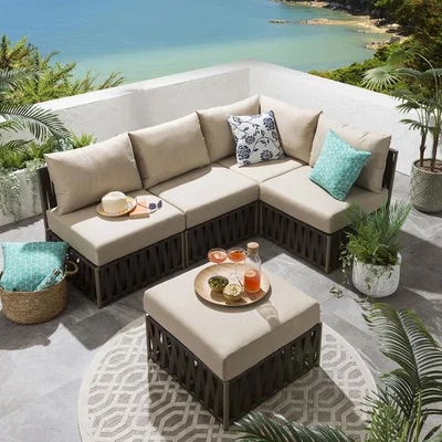 Quatropi Modern 3 Seater Modular Corner Garden Sofa + Footstool Premium Brown Rattan | Theo