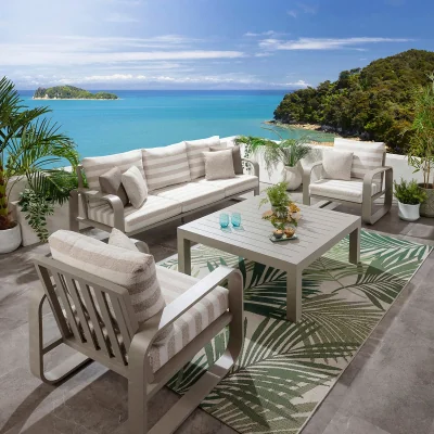 Quatropi Modern 5 Seater Garden Sofa & Armchairs Set with Coffee Table Aluminium Cream Beige Stripe