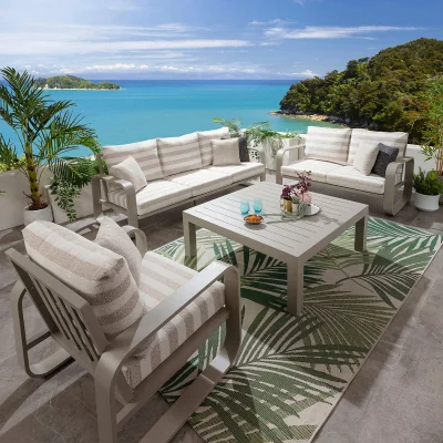 Quatropi Modern 6 Seater Garden Sofa & Armchair Set with Coffee Table Aluminium Cream Beige Stripe