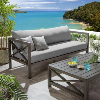 Quatropi Premium Outdoor Garden Sofa Modern Wood Effect Aluminium Grey 210cm