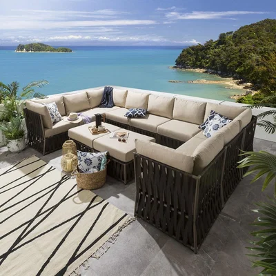Quatropi 7 Seater Brown Rattan Modular Garden U-Shaped Corner Sofa + 2 Footstool Furniture Set | Theo