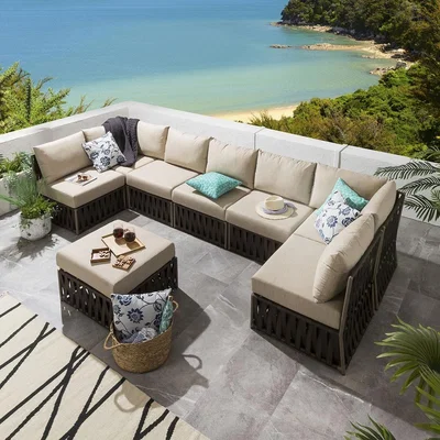 Quatropi Brown Rattan 5 Seater Modular Garden U-Shaped Corner Sofa + Footstool Furniture Set | Theo