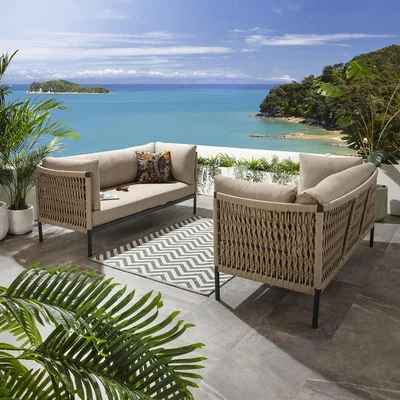 Quatropi Modern 6 Seater Outdoor Patio Garden Sofa Armchair 3 Piece Set Beige