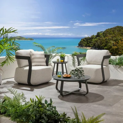 Quatropi Sedona 2 Seater Aluminium Garden Armchair Set with Coffee Table Grey & Cream