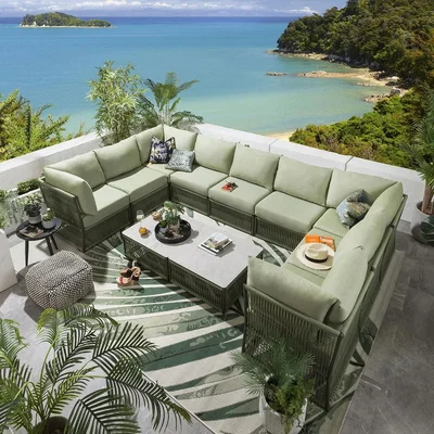 Quatropi Large Garden U-Shape Corner Sofa 10 Seat Outdoor Patio Green Rope Weave