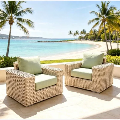 Quatropi Ex-Display Pair of Luxury Rattan Garden Armchairs – Green Cushions