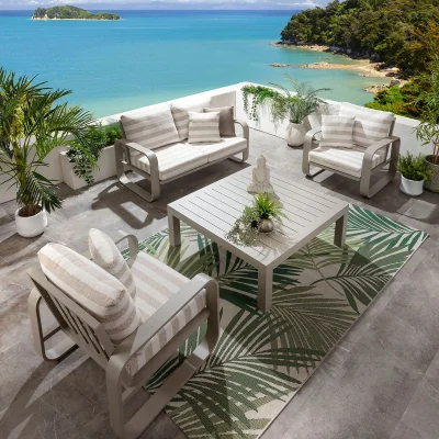Quatropi Modern 4 Seater Garden Sofa & Armchairs Set with Coffee Table Aluminium Cream Beige Stripe