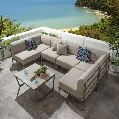 Quatropi Large Garden U-Shape Corner Sofa 6 Seat Outdoor Patio Cream Aluminium