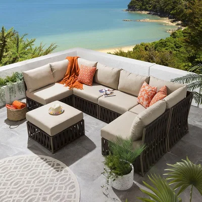 Quatropi 4 Seater Modular Garden U-Shaped Corner Sofa + Footstool Brown Rattan | Theo
