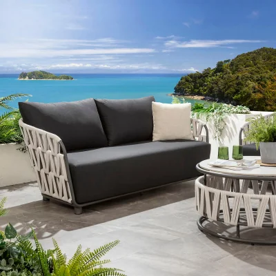 Quatropi Modern 3 Seater Aluminium Outdoor Garden Sofa Light Grey Rope 189cm