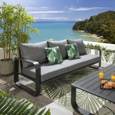 Quatropi Modern 3 Seater Outdoor Garden Sofa Aluminium Black Grey Fabric 230cm