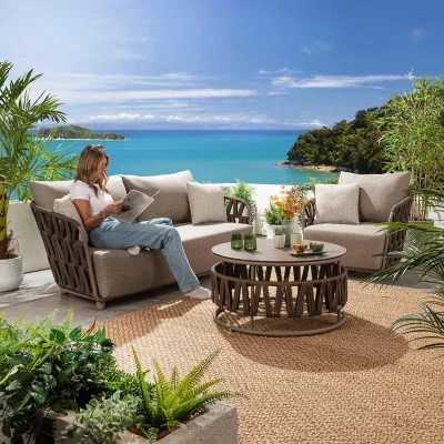 Quatropi Modern 4 Seater Garden Sofa & Armchair Set with Coffee Table Brown Rope