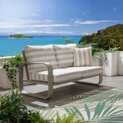 Quatropi Modern 2 Seater Aluminium Outdoor Garden Sofa Cream Beige Stripe 160cm