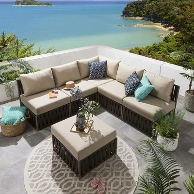 Quatropi 4 Seater Garden Corner Sofa + Footstool Brown Rattan Furniture Set | Theo