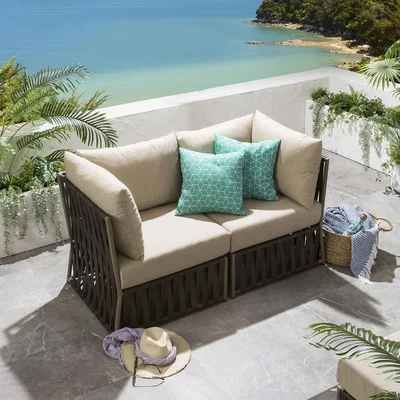 Quatropi 2 Seater Luxury Modular Garden Sofa Brown Rattan & Beige Cushions | Theo