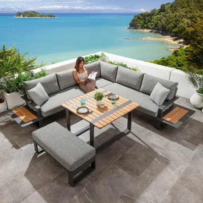 Quatropi 6 Seater Outdoor Garden Corner Sofa Dining Set Wood Grey Aluminium